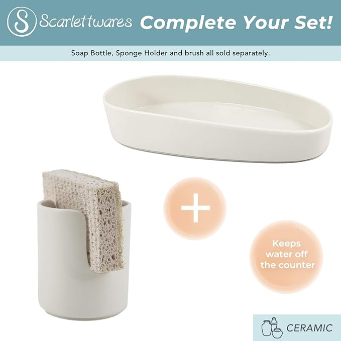 scarlettwares Ceramic Dish Sponge Holder for Kitchen Sink Dishwasher Safe Farmhouse Elegant Cute Sturdy