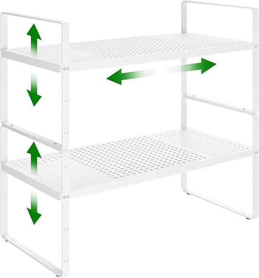 Expandable Kitchen Cabinet Shelf Organizer Rack Heavy Duty Metal Spice Rack Stackable Kitchen Counter Storage Shelf for Cabinet Pantry Bathroom (White
