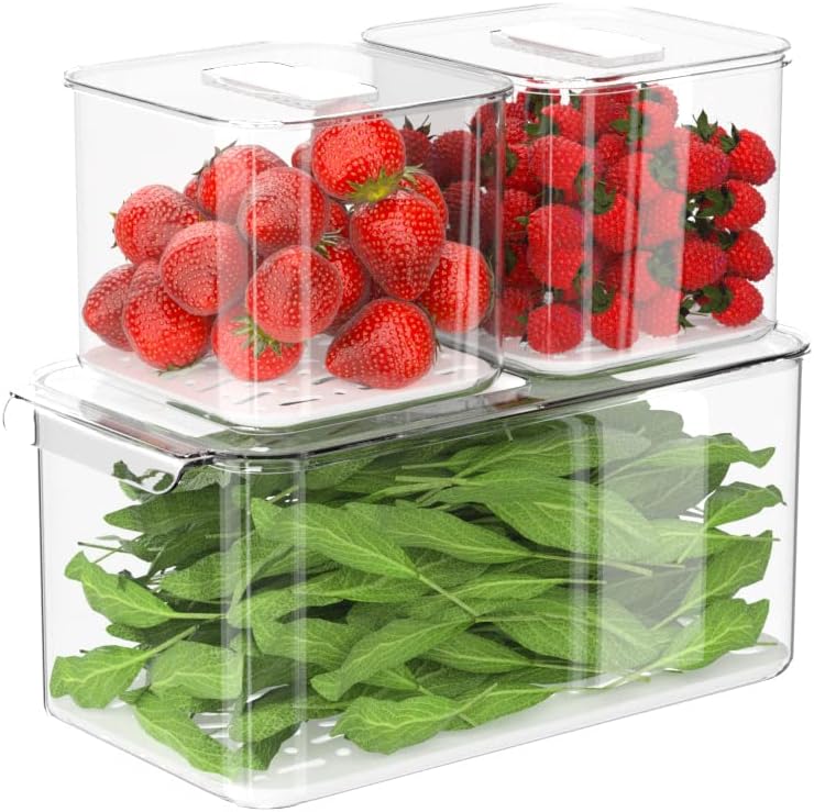 Fridge Produce Saver Food Storage Bin Containers, Refrigerator Food Fruit Vegetables storage Produce Saver Produce Saver Containers, Stackable Freezer Fridge