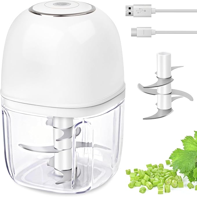 Wireless Food Chopper Mini, 350ml Cordless Food Processor, 1.4Cup Garlic Onion Chopper, Battery USB-C Rechargeable Electric Processor, Veggie Meat Blender, Small Kitchen Appliance Portable Mixer,White