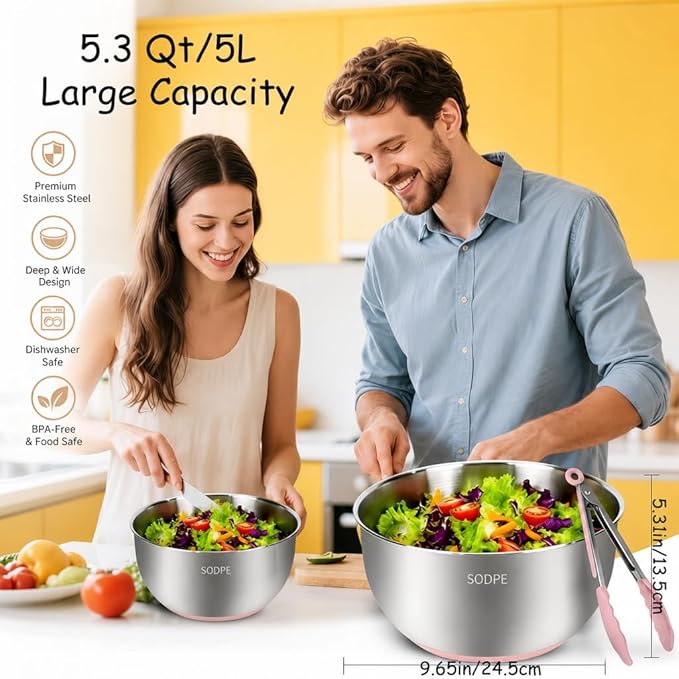 Stainless Steel Salad Spinner Large with 5 Blades Slicer, Lettuce Washer Spinner and Dryer, Vegetable Fruits Chopper Bowl, Egg Yolk Strainer, 5.3Qt Pink