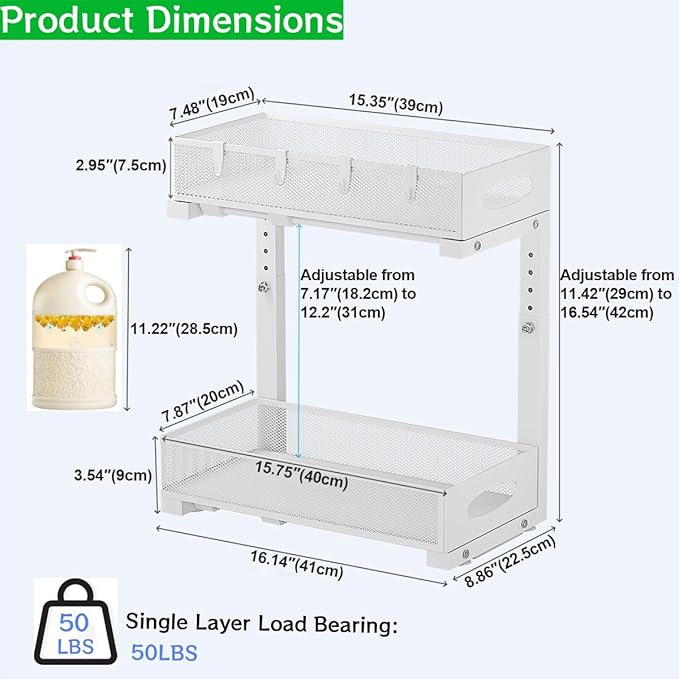 2 Pack Under Sink Pull Out Organizer, 5-Level Adjustable Height to Fit U/L Shape Plumbing Pipes, Carbon Steel 2-Tier Storage Rack for Kitchen Bathroom Cabinet, White