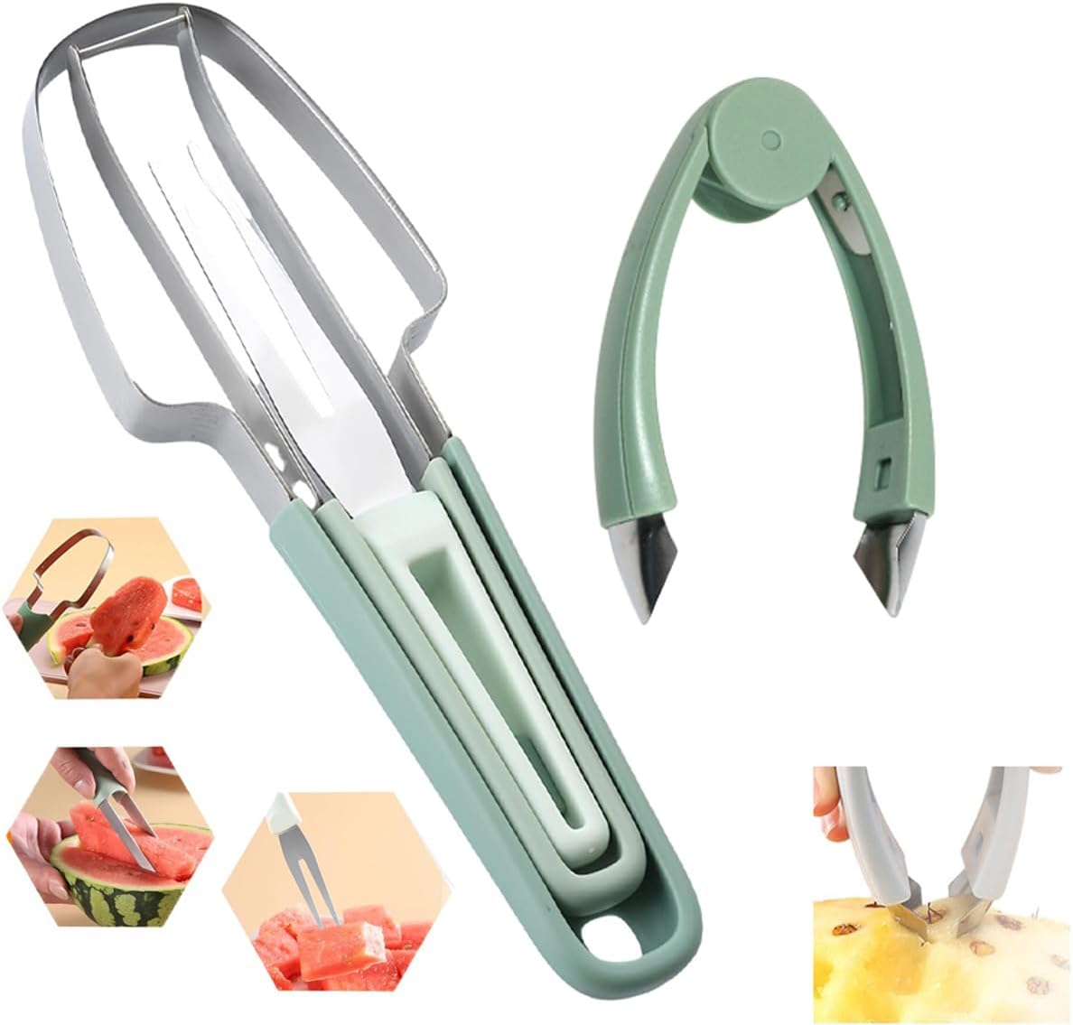 3-in-1 Watermelon Cutter kitchen gadgets and Pineapple Eye Remover Tools,Portability Fruit Fork Fruit Divider watermelon cutter slicer Tool,Fruit Cutter for Camping Kitchen Gadgetsand (Combo packages)