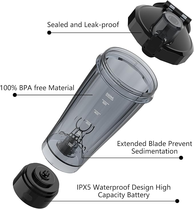 Electric Shaker Bottle, 20 oz Rechargeable Shaker Cup for Protein Mixes and Pre Workout, Portable Gym Protein Blender for Meal Replacement Shakes | Leak-Proof w/Handle | BPA Free (Black)