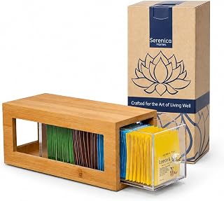 Bamboo and Acrylic Drawer Tea Bag Holder- Durable & Elegant Tea Bag Storage Holder for Kitchen Countertop, Space-Saving Tea Drawer Organizer