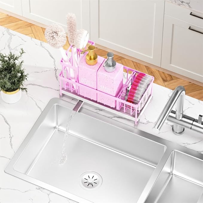 Cisily Kitchen Soap Dispenser Set with Sink Caddy, Glass Bottle, Hand and Dish Soap Dispenser Set with Sponge Holder (Pink Bottles + Pink Sponge Holder)