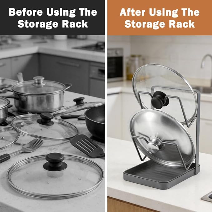 2-Tier Pot Lid Holder for Stove Top, Heavy Duty Carbon Steel Pot Lid Organizer with Detachable Drip Tray & Spoon Rest, Multifunctional Kitchen Rack for Countertop (Gray)