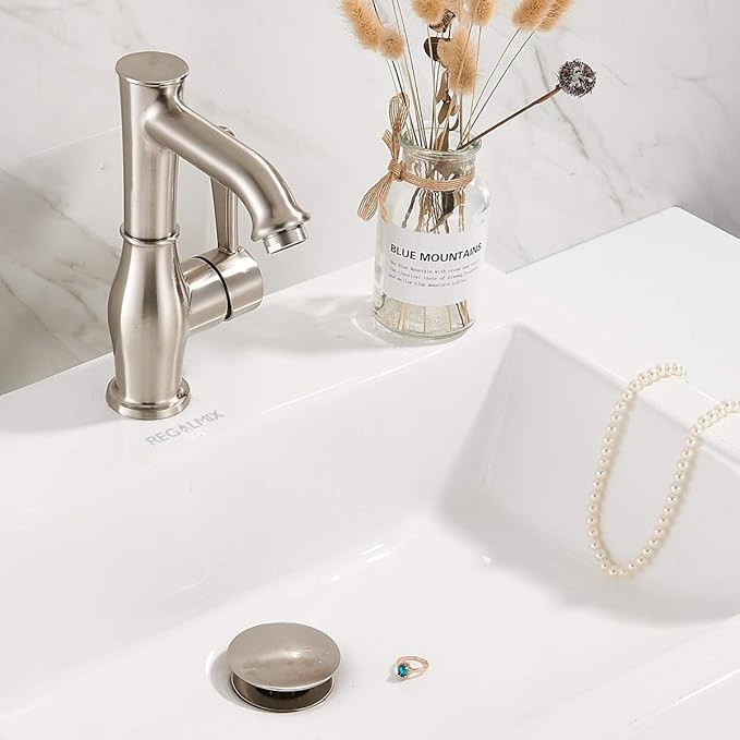 REGALMIX Bathroom Sink Drain Stopper Without Overflow, Pop Up Drain with Detachable Hair Catcher for Lavatory Vanity Vessel Sink, Brushed Nickel 2 Pack, RM082B-P2