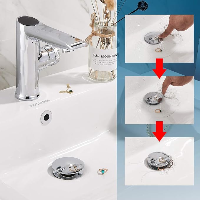 REGALMIX Bathroom Sink Drain with Detachable Hair Catcher Basket, Pop Up Drain Stopper with Overflow Anti-Clogging Vanity Vessel Sink Drain, Polished Chrome 2 Pack All Metal, RM083H-P2