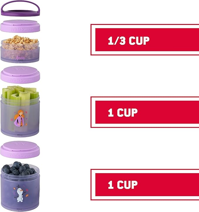 Whiskware Disney Princess Stackable Snack Containers for Kids and Toddlers, 3 Stackable Snack Cups for School and Travel, Frozen Elsa, Anna, Olaf, and Bruni (Pack of 2)