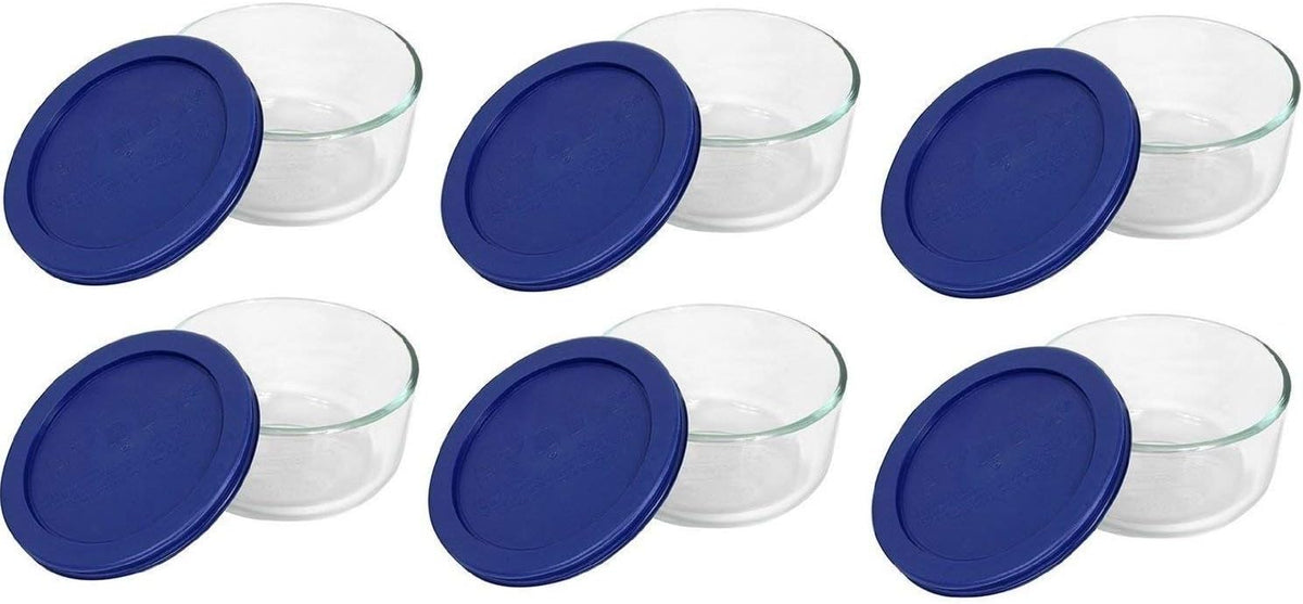 7200 (2-Cup) Glass Bowl With Dark Blue Lid (6 Pack) - Made in USA