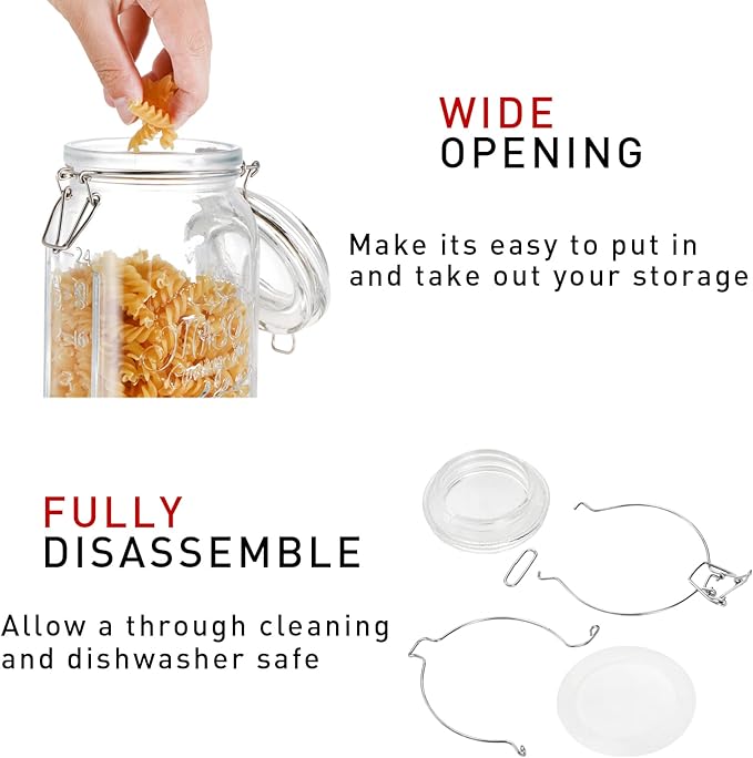 Tebery 4 Pack Clear Wide Mouth Glass Mason Jars with Airtight Clamp Lids, 32Oz Glass Storage Containers Large Kitchen Canisters for Food, Flour, Pasta, Coffee, Candy, Dog Treats, Snacks & More