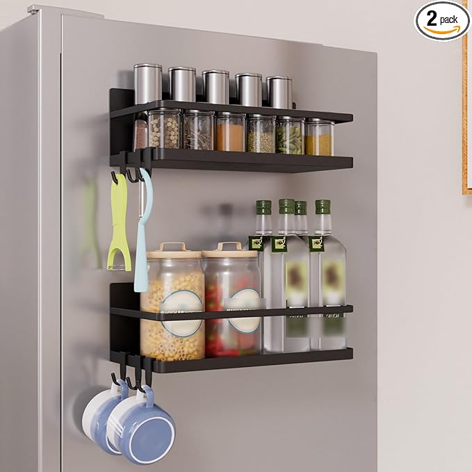 Magnetic Spice Rack for Refrigerator, 2 Pack Magnetic Shelf, Fridge Magnet Organizer with Moveable 6 Hooks, Magnetic Fridge Shelf for Kitchen Organization and Storage(Black, 2 Pack)