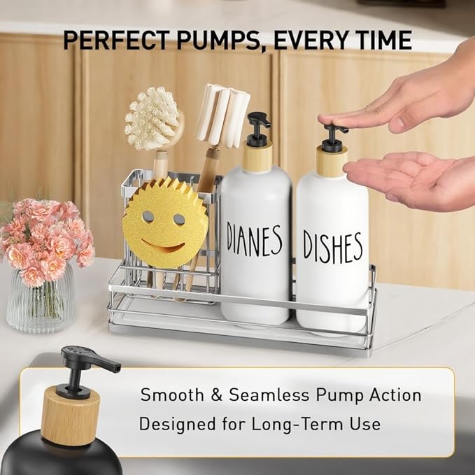 Moforoco Kitchen Dish Soap Dispenser Set, 16OZ Glass Bottle, Hand and Dish Soap Dispenser Set, Instant Dry Tray, Brush Holder with Smiley Face Sponge Holder (Silver Tray+White Bottle)