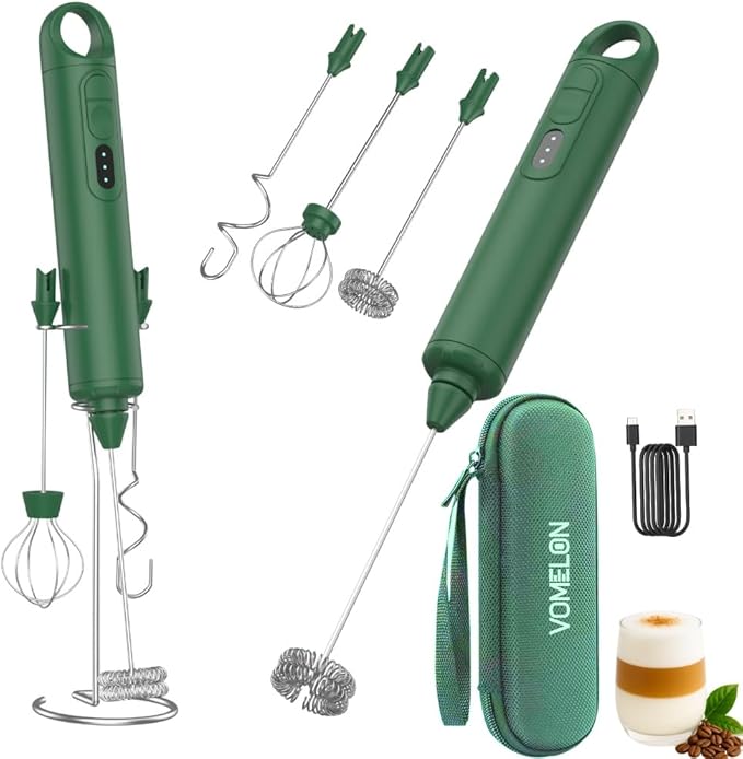 Rechargeable Milk Frother Handheld 3 Speed Coffee Foamer [3 Whisk] Electric Drink Mixer for Latte, Cappuccino, Coffee, Eggs, Hot Chocolate,Grass Green