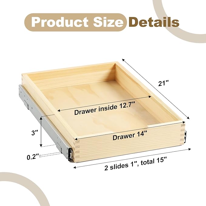 14" Pull Out Cabinet Drawer (Fits 15" Cabinet Opening), Wood Slide Out Cabinet Shelf Organizer with Ball Bearing Slides, Clear Lacquer Finish, Heavy Duty Kitchen Cabinet Pull Out Shelves