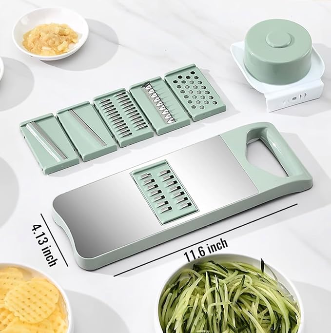 NACOLUS 6-Blade Mandoline Slicer with Slide-On Hand Guard - Vegetable Slicer, Carrot Shredder,Safe Potato/Garlic Slicer Vegetable Cutter, Waffle Fry Cutter (Green, 6-in-1)