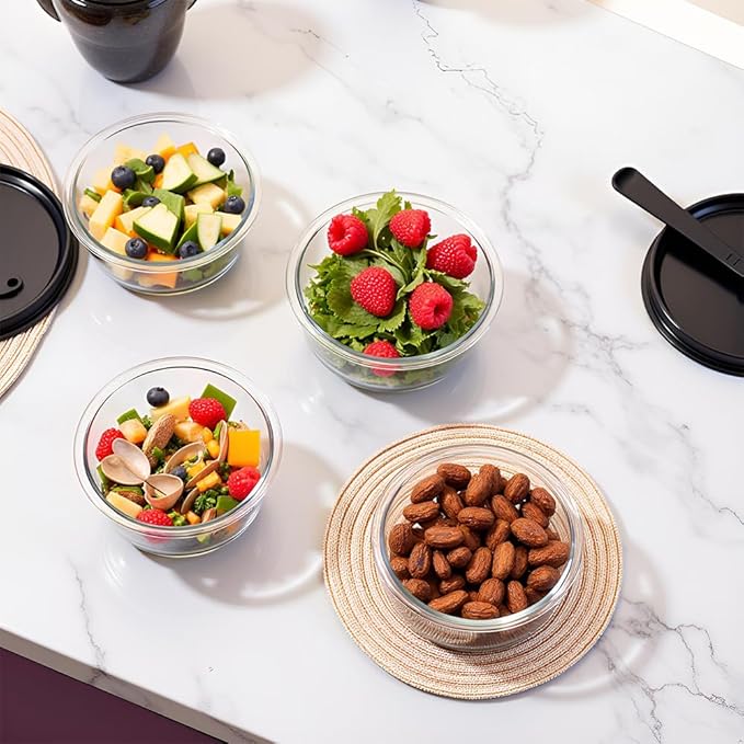 2 Cup Round Glass Soup Container with Lids and Spoons, 16oz Round Food Containers set, BPA-Free Small Borosilicate Glass Meal Prep Bowls for Leftover, Office. Oven, Freezer Safe (4 Pack)