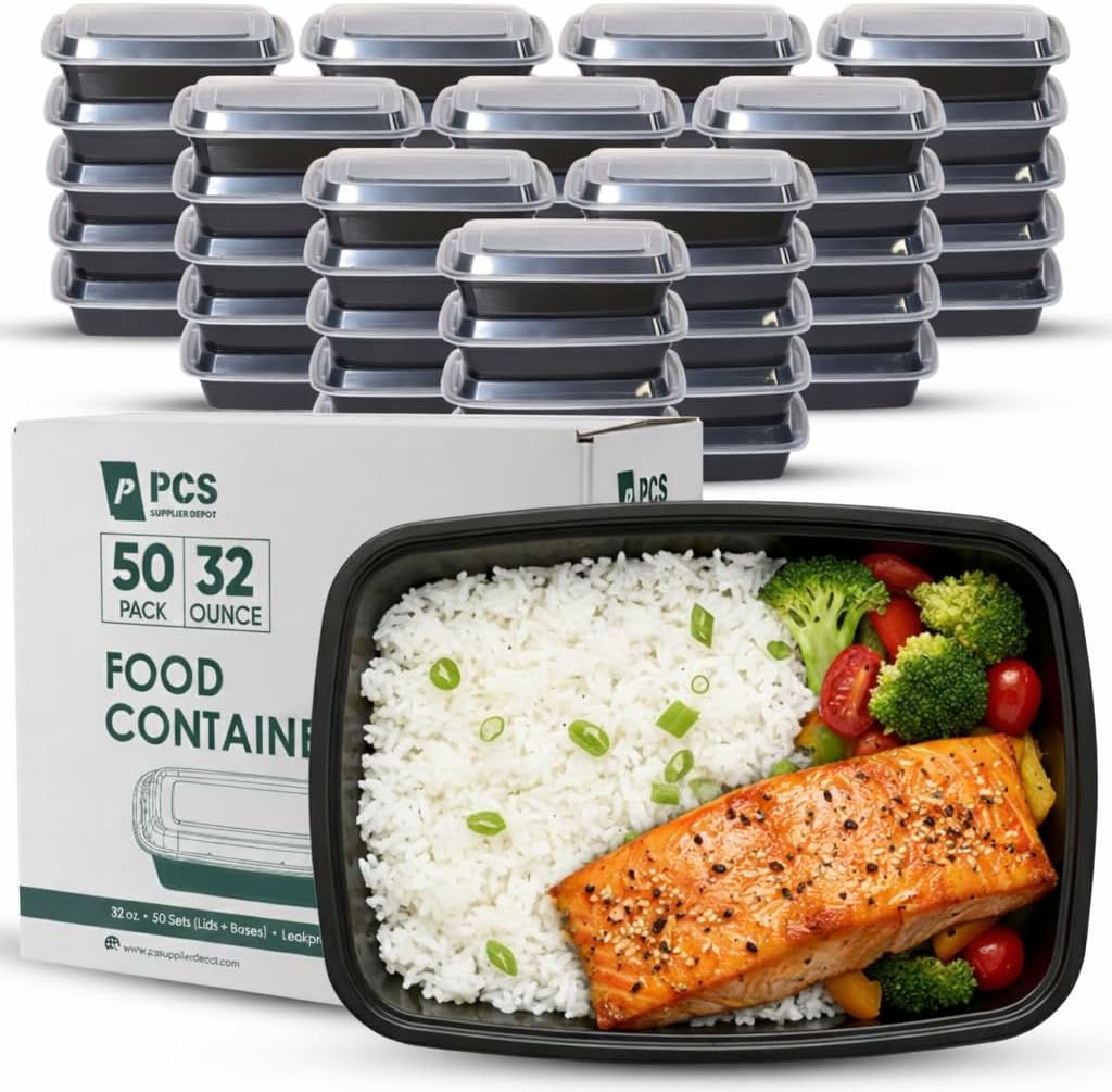 50 Pack (100 Piece) 32 oz Meal Prep Containers Reusable BPA Free Leakproof Stackable Food Storage Containers with Lids, Microwave & Dishwasher Freezer Safe To Go Bento Box Style Take Out Clear Plastic