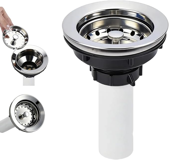Kitchen Sink Drain Assembly, Stainless Steel Basket Strainer with Knob, 3-1/2 Inch Sink Drain Stopper Plug, Threaded Plastic Sink Strainer Tailpiece 1-1/2 in