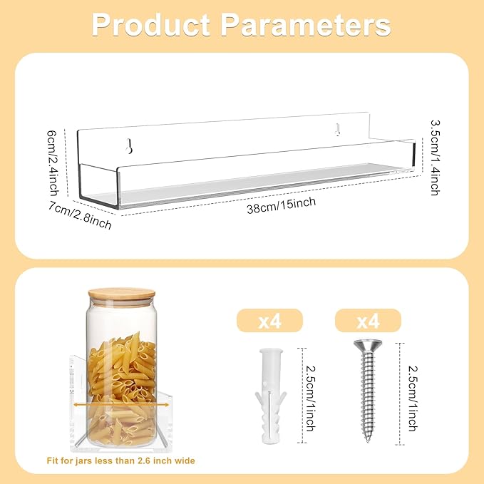 Clear Acrylic Floating Shelves Wall Mounted 15 Inch Invisible Kids Bookshelf Figurine Display Shelf Spice Rack for Office Bathroom Kitchen (4 Pack)