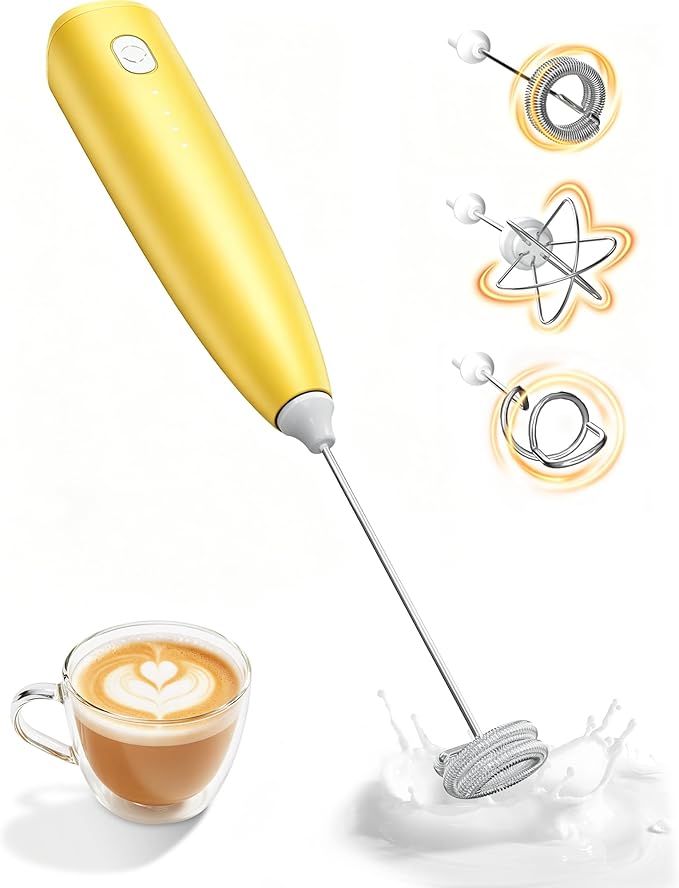 Portable Milk Frother Handheld,Electric Drink Mixer & Wand, 3 Detachable Stainless Steel Whisks, 3 Adjustable Speeds Quiet, USB C Rechargeable for Coffee, Latte, Matcha, Home & Kitchen (Yellow)