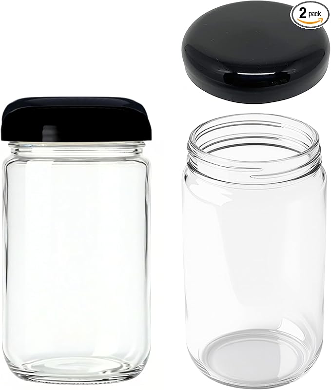 Jarming Collections Mason Jars - 32 oz Glass Storage Jars with Extra Wide Mouth Lids, BPA Free and Food Safe - Set of 2 with 2 Black Dome Plastic Lids