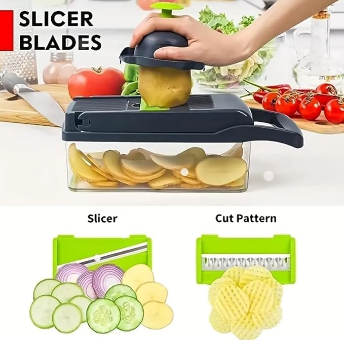 14 in 1 Vegetable Chopper Dicer with Container, Mandoline Slicer, Cheese Grater, Cabbage Shredder, French Fry Cutter, Stainless Steel Manual Hand Kitchen Gadget for Onion Potato Fruit