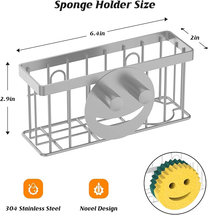 MURLONG Sponge Holder Smiley Face, Sink Organizer with 2 Suction Cups/1 Adhesive Strips, Designed for Sponge, Soap, Dish Brush, Scrubber - Gray