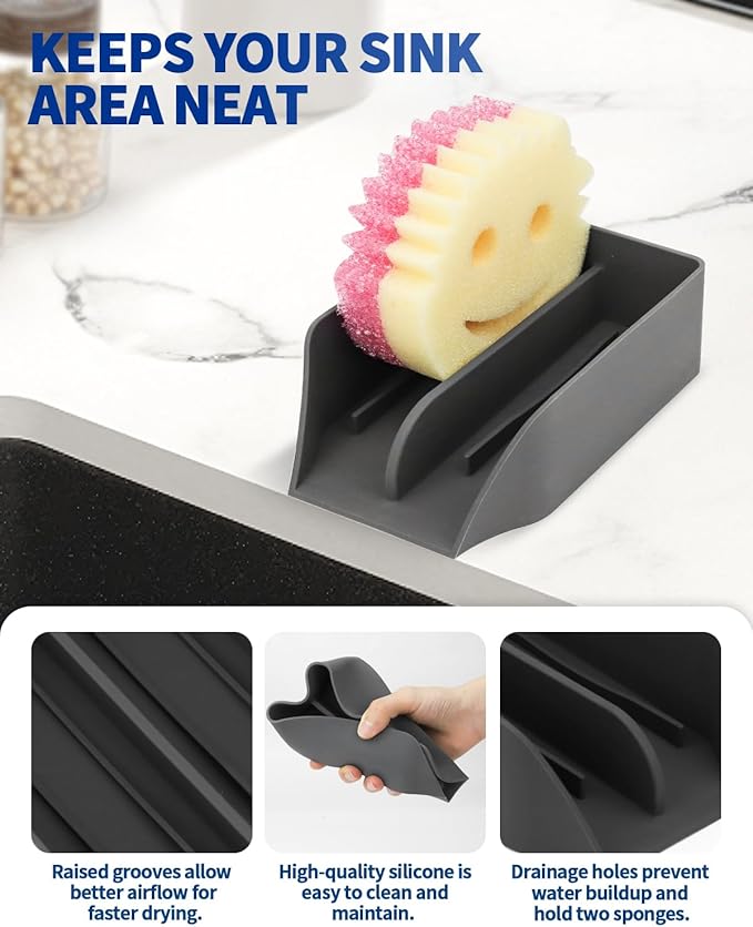 Smiley Face Sponge Holder for Scrub Daddy Kitchen Sink with Drain Spout, Sponge Holder, Large Soap Dish, Sink Caddy Organizer, Dishwasher Safe, Kitchen Accessories