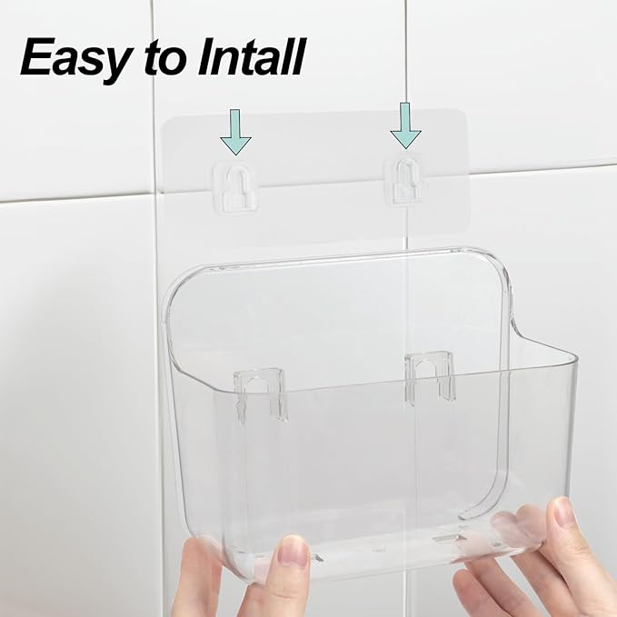 Wall Mounted Storage Organizer Bins Organizing Shelf Basket Clear Plastic Makeup Organizer Adhesive Hanging Bin Fridge Organizer for Bathroom,Kitchen,Cabinet,Pantry,Countertops (L(7×3.9×5.5"))