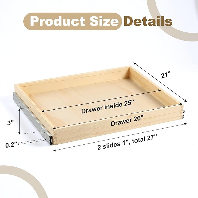 26" Pull Out Cabinet Drawer (Fits 27" Cabinet Opening), Wood Slide Out Cabinet Shelf Organizer with Ball Bearing Slides, Clear Lacquer Finish, Heavy Duty Kitchen Cabinet Pull Out Shelves