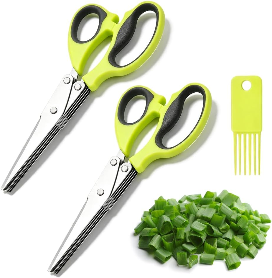 Multipurpose 5 Blade Herb Scissors with Cleaning Comb,Kitchen Herb Shears Herb Cutter with Cover and Cleaning Comb for Chopping Basil Chive Parsley Cool Kitchen Gadgets，Green-2pc