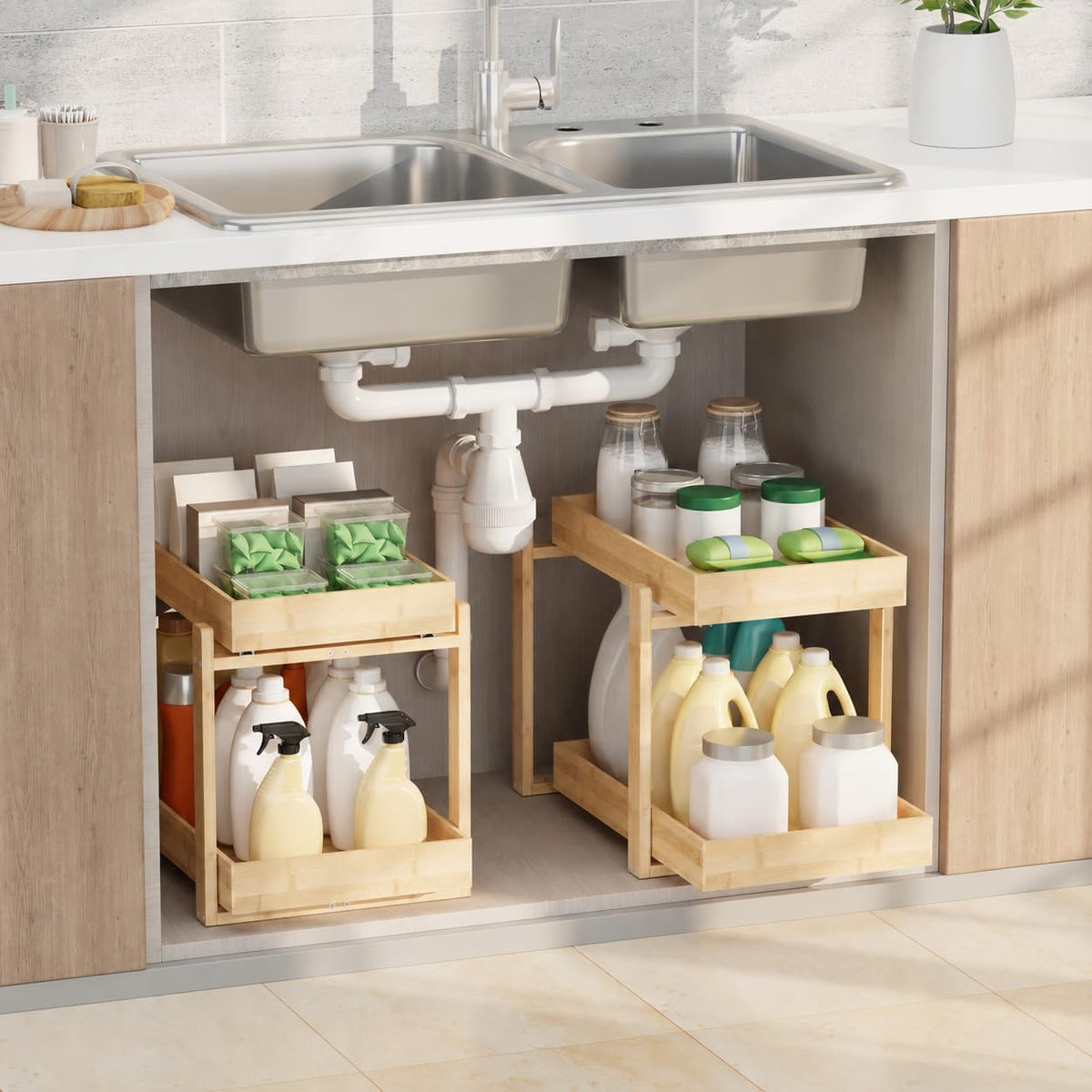 2 Pack Bamboo Under Sink Organizer, 2-Tier Pull Out Storage Drawers