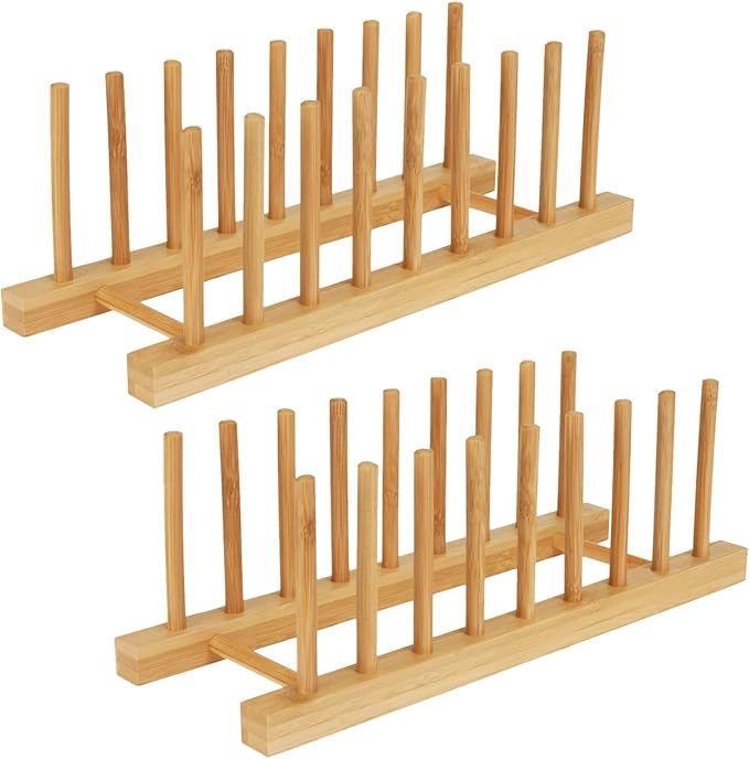 Bamboo Dish Drying Rack Kitchen Cabinet Organizer, Plate Pot Lid Organizer, Wooden Drying Rack Stand Drainer for Dish, Pots, Lids, Bowls, Cups, and Cutting Boards and Books (2PCS)