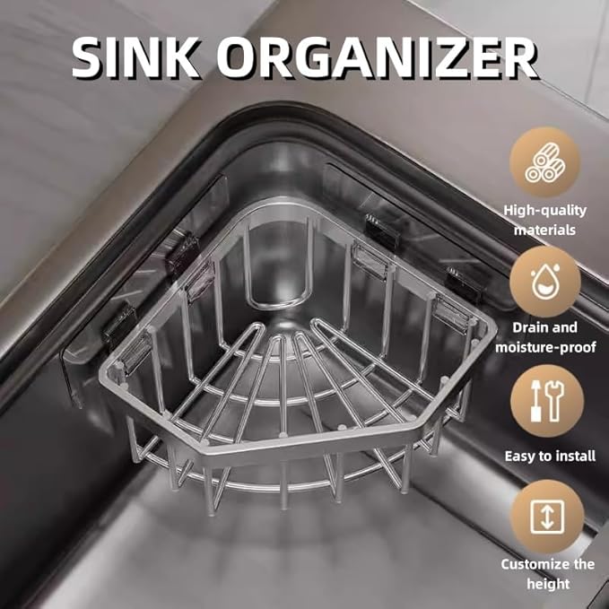 Wall Mounted Sink Caddy Organizer, Carbon Steel Kitchen Sponge Holder with 2 Adhesive Hooks, Triangular Drain Rack, 5.27x5.27x3.54 Inch (Black)