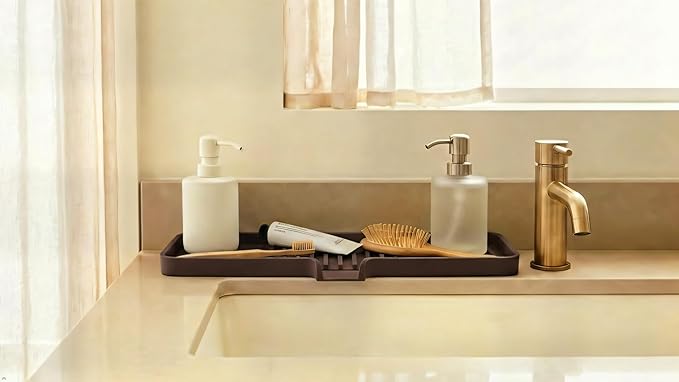 Silicone Soap Dish Tray and Sponge Holder with Drain Chute, Rectangular, Kitchen and Bathroom Sink Organizer (Grey, 12"x4")