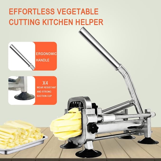 French Fry Cutter Stainless Steel, Heavy Duty Stainless Steel Manual Potato Slicer, Commercial 1/2 3/8 and 1/4 Inch Blades Potato Cutter with Brush, Wrench & Sucker (1/2"&1/4"&3/8" cutter)