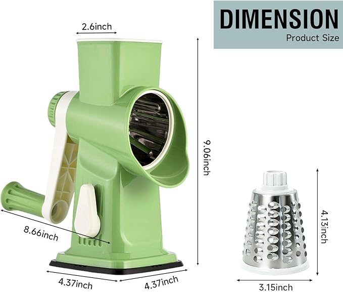 3-in-1 Manual Rotary Cheese Grater & Vegetable Slicer, Round Mandoline Food Chopper with 3 Interchangeable Blades, Strong Suction Base Hand Crank Grater for Cheese, Potato, Nuts & Veggies