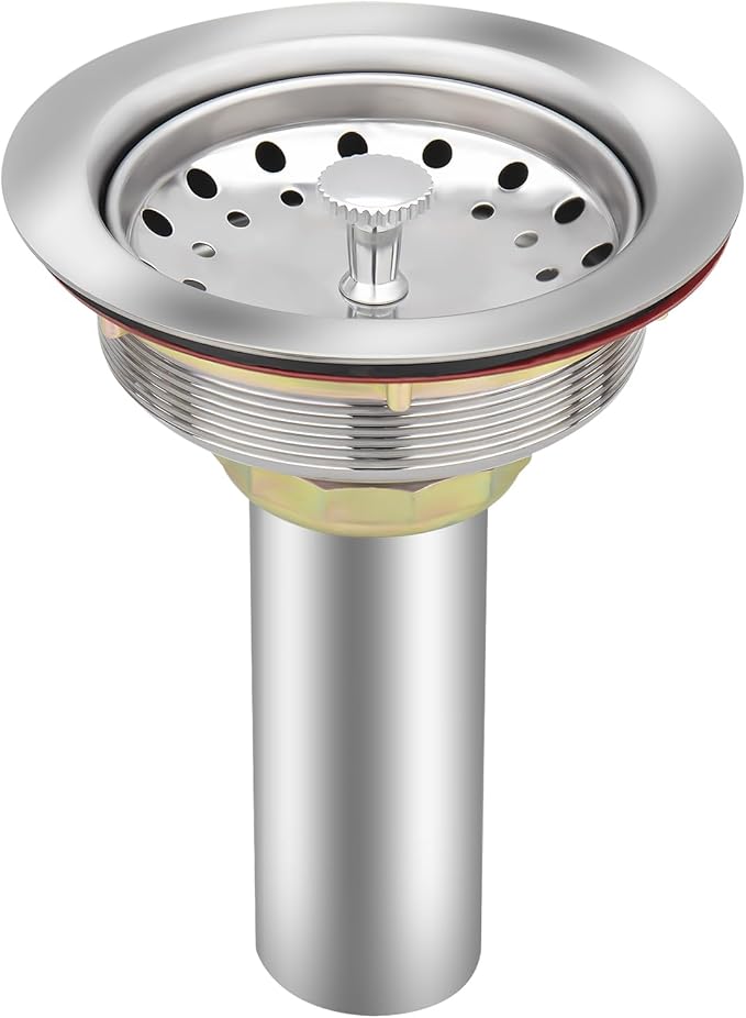 Uni-Green Kitchen Sink Drain Kit for Standard 3-1/2 inch Drain - Fit 1-1/2 inch Pipe - Stainless Steel Basket with Knob - Rubber Stopper Bottom - 3.5" Kitchen Sink Drain Strainer Replacement Kit