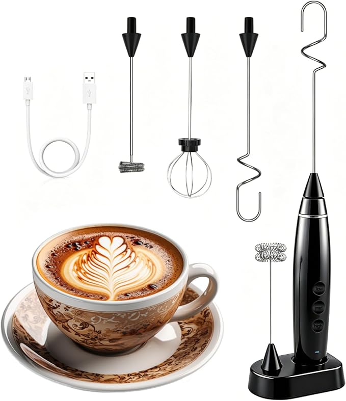 Rechargeable Milk Frother with Stand, 3-Speed Electric Handheld Foam Maker with 3 Whisks, Stainless Steel Blender for Coffee, Latte, Cappuccino, Hot Chocolate & Egg Mixes, USB Charging, Black