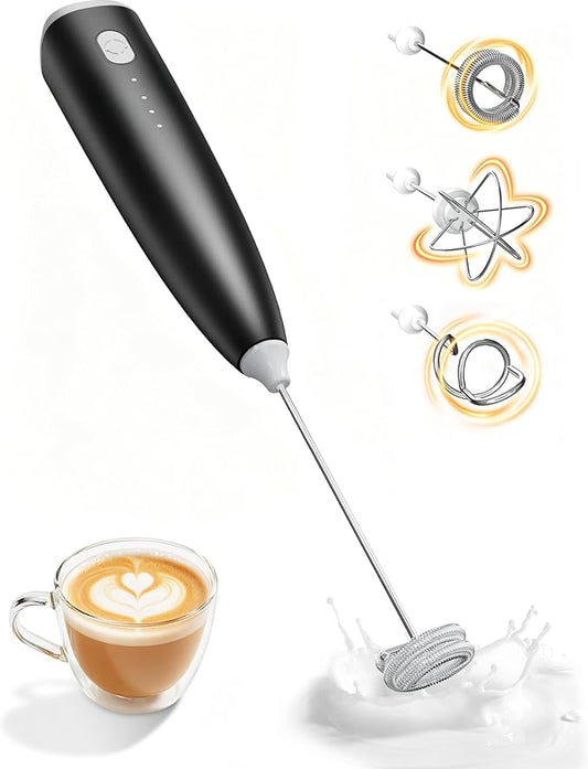 Portable Milk Frother Handheld,Electric Drink Mixer & Wand, 3 Detachable Stainless Steel Whisks, 3 Adjustable Speeds Quiet, USB C Rechargeable for Coffee, Latte, Matcha, Home & Kitchen (Black)