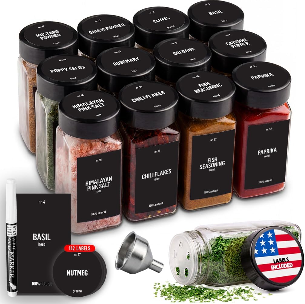 Glass Spice Jars with Lids 12x4oz - Airtight Spice Containers