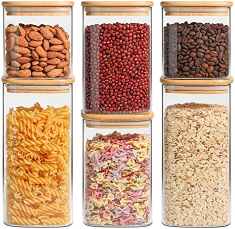 Glass Pantry Storage Containers (0.7Qt/1.2Qt/1.6Qt) Set of 6, Square