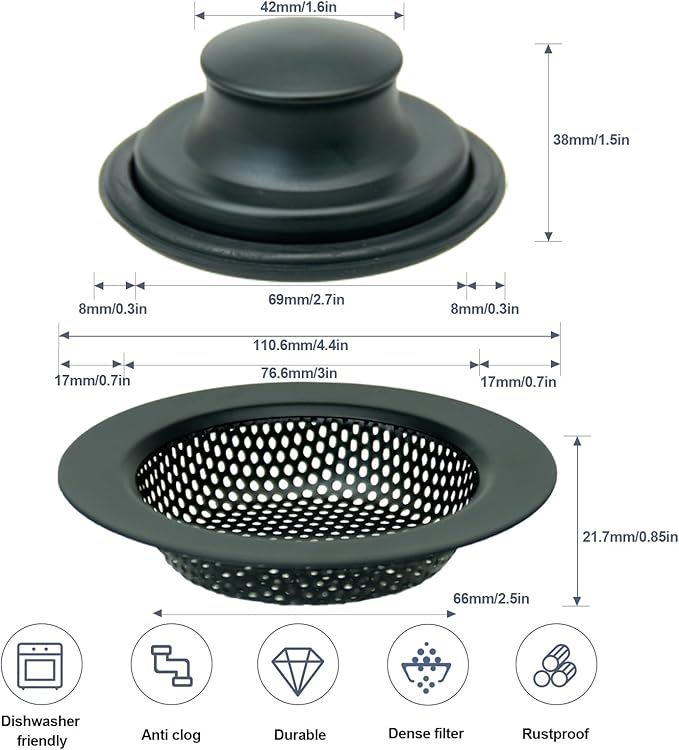 RQYEKDO Kitchen Sink Strainers Sink Stopper Kits, Stainless Steel Sink Drain Strainer Set, Large Wide Rim 4.5" Diameter Food Catcher Garbage Disposal Plug for Most Sink Drains Basket Filter(Black)