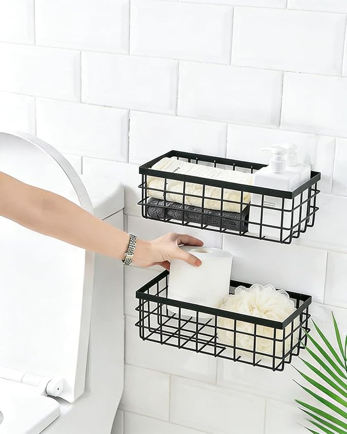 Hanging Wire Storage Baskets, Metal Small Wire Wall Organizer, Adhesive Wall Storage Shelves for Kitchen, Bathroom Pantry (Spice Rack, Cabinet Organizer, Shower Caddy) Black-2 Packs