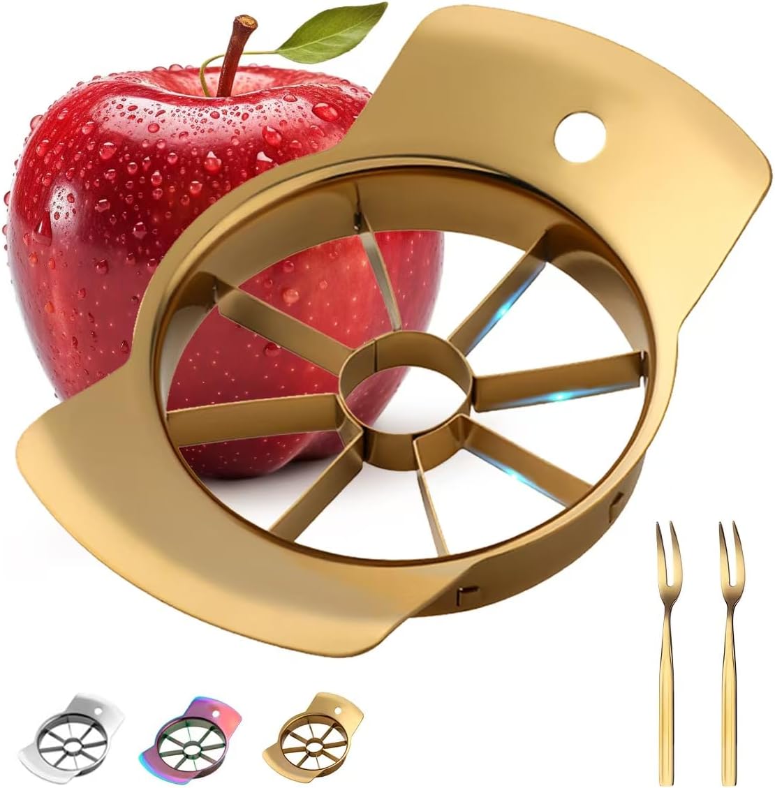 Fruit Slicer, 304 Stainless Steel Fruit Cutter 8 Slices, Corer for Fruits & Vegetables, Ergonomic Handle Easy Grip Pears Divider, Sturdy and Sharp, Dishwasher Safe (Gold)