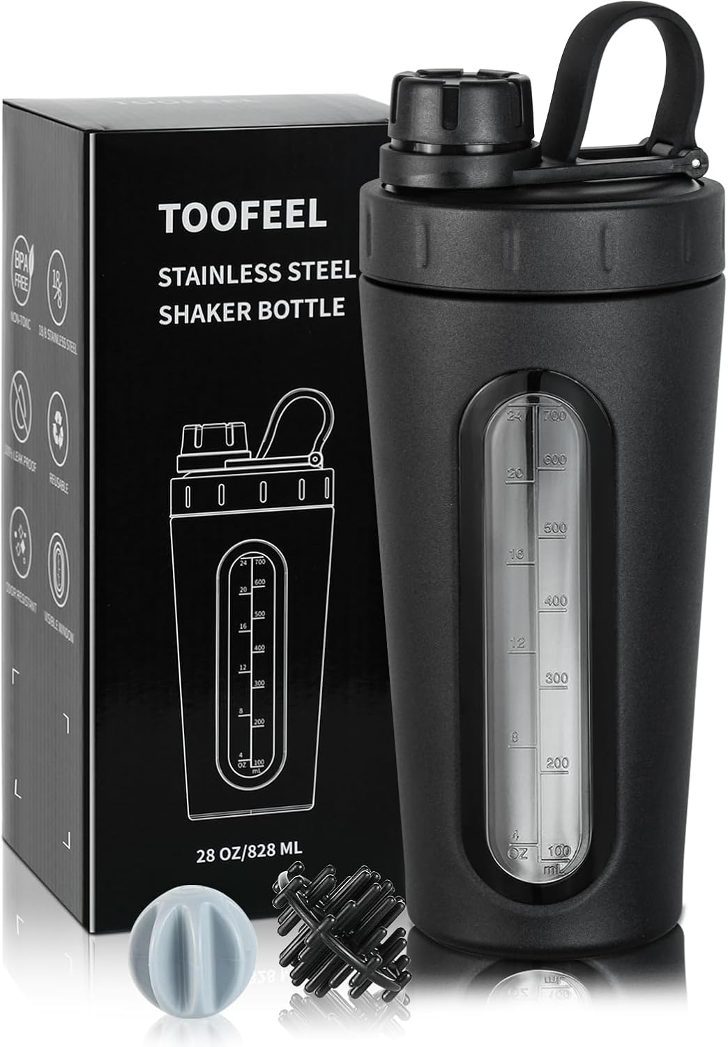 Stainless Steel Shaker - 28 oz Metal Cup for Protein Shakes, 2 Whisk Balls, Not Stays Cold/Hot, Visible Window, Gym Workout Leakproof