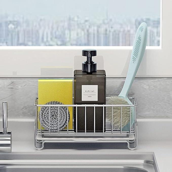 Kitchen Sink Caddy Organizer, Sponge Holder with Drain Pan, 304 Stainless Steel, for Sponges, Soap, Kitchen, Bathroom, Silver
