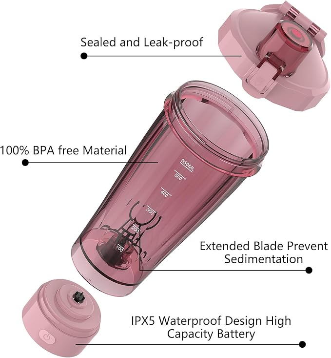 Electric Shaker Bottle, 20 oz Rechargeable Shaker Cup for Protein Mixes and Pre Workout, Portable Gym Protein Blender for Meal Replacement Shakes | Leak-Proof w/Handle | BPA Free (Pink)